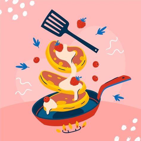 Pancake Illustration Drawings, Food Artwork Illustration, Pancake Animation, Breakfast Illustration Food, Cooking Poster Design, Flat Illustration Poster, Food Poster Illustration, Shake Illustration, Pancake Poster