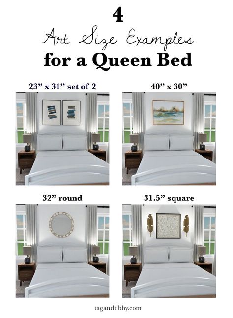 4 art size examples for a queen bed | Tag and Tibby Artwork Above Queen Bed Size, Artwork Above Queen Bed, Frames Above Queen Bed, Art For Queen Bed, Picture Frames Above Bed, Simple Bed Design, Above Bed Ideas, Unique Bed Frames, Headboard Art