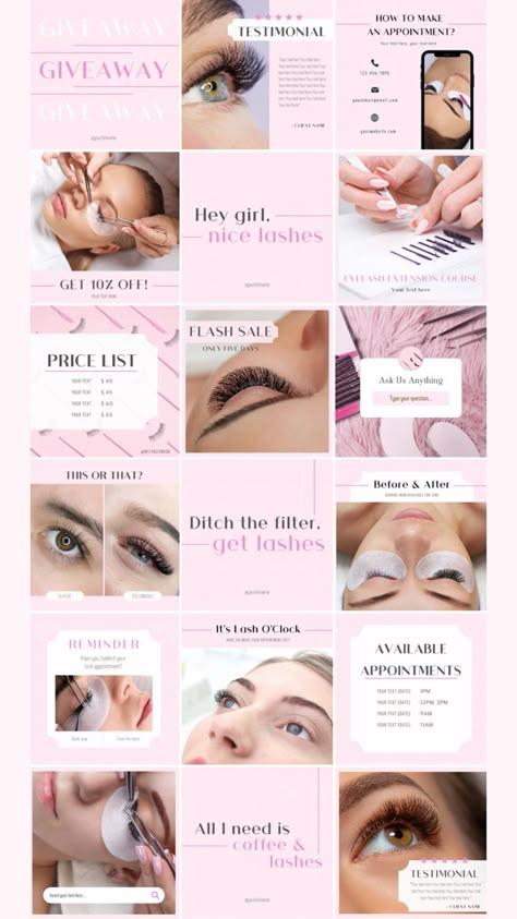 30 Instagram templates for lash artists and lash tech in pink color. Fully editable on canva. Social media design, instagram post ideas. Pink collection. Instagram Lashes Posts, Pink Lash Tech Posts, Lash Ideas Instagram Feed, Eyelash Instagram Theme, Lash Business Social Media, Eyelash Instagram Post Ideas, Lash Theme Instagram, Advertising Lash Business, Lash Tech Ig Post