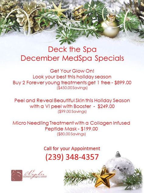 Medspa Christmas, Salon Christmas Open House Ideas, Esthetician Christmas Post, Med Spa Holiday Marketing, Holiday Facial Promotions, Holiday Salon Promotions, Christmas Esthetician, Botox Business, Christmas Spa