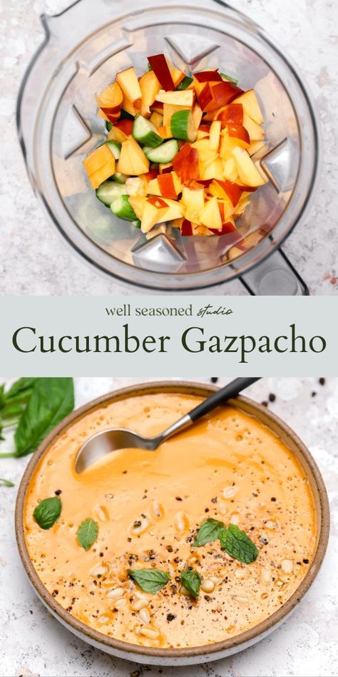 This no cook Cucumber Gazpacho is cool, creamy, and refreshing on hot summer days! It features summer tomatoes, sweet peaches, garlic, and lots of fresh basil and mint. This cold soup makes a lovely starter or can be served alongside a salad and protein for a larger meal. GF, DF, Vegan #wellseasonedstudio #gazpacho #soup #coldsoup #summersoup #cucumber #peach #cucumbersoup Cold Soups For Summer, Dinner For Hot Days Summer, Cucumber Soup Cold, Cook Cucumber, Cold Cucumber Soup, Chilled Soups, Cucumber Gazpacho, Cooked Cucumber, Cold Soup Recipes