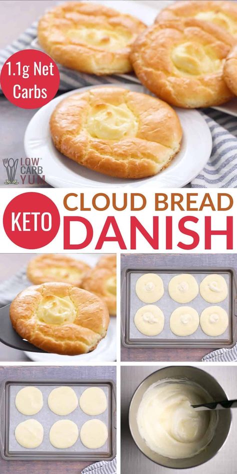 An egg fast friendly low carb keto cheese danish with only 1 gram carbohydrate. It's a tasty cloud bread recipe variation to satisfy a sweet craving. Keto Cheese Danish, Keto Cloud Bread, Sugar Free Donuts, Cloud Bread Recipe, Cheese Danish Recipe, Keto Egg Fast, Low Carb Flour, Egg Fast, Bread Cheese