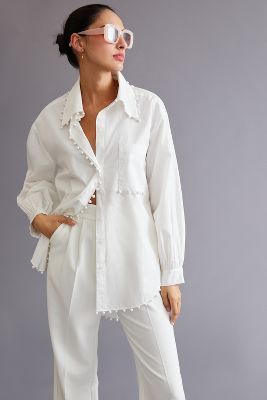 Embellished Tunic Buttondown | Anthropologie Embellished Shirt, Anthropologie Uk, White Button Down Shirt, 2022 Fashion, White Button Down, White Shirts, 50 Fashion, New Classic, Evening Wear