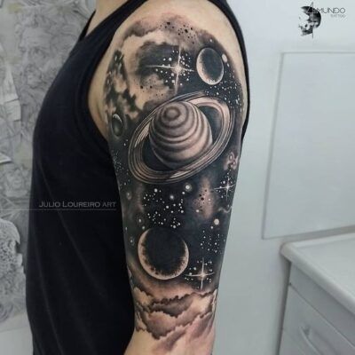 Galaxy tattoo black and white. Tattoo Of Universe, Universe Leg Tattoo, Blackwork Galaxy Tattoo, Tattoos Space Galaxy, Space Planets Tattoo, Sleeve Tattoos Space, Space Themed Sleeve Tattoo, Universe Back Tattoo, Cool Cover Up Tattoos