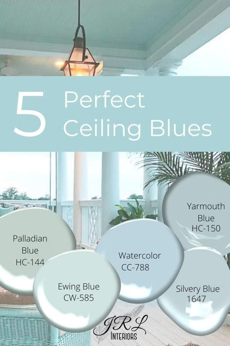 What color should I paint my ceiling? Ceiling Paint Colors, Coastal Paint Colors, Coastal Paint, Beach House Colors, Palladian Blue, Haint Blue, Blue Ceilings, House Color Palettes, Paint Color Schemes