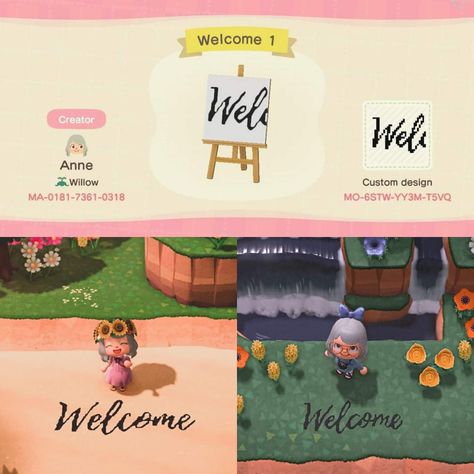 Acnh Welcome Sign Code, Animal Crossing 3ds, Welcome Design, Acnh Designs, Animal Crossing Qr Codes Clothes, Acnh Codes, Animal Crossing Wild World, Island Theme, Qr Codes Animal Crossing