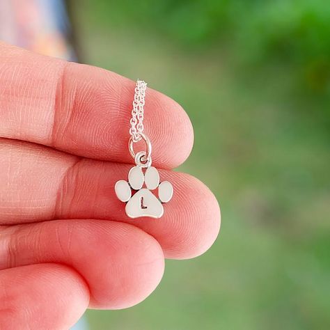 Paw Print Necklace with initial, sterling silver custom charm for dog mom or cat mom gift, personalized jewelry for pet loss, Pet Memorial