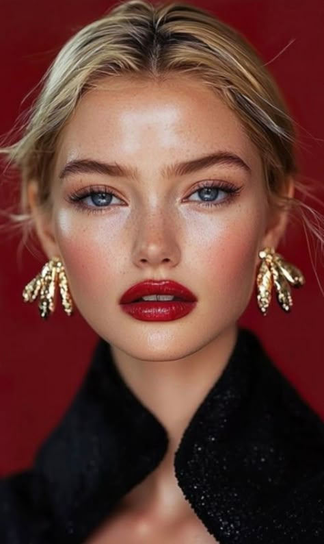 Red Lip Makeup Look Blondes, Red Lips Blonde Hair, Blonde Hair Red Lips, Dark Lip Makeup, Model Shoot Ideas, Makeup Book, Pale Skin Makeup, Red Lips Makeup Look, Pale Makeup