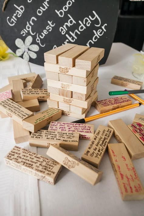 Jenga At Wedding, Jenga Blocks Wedding Messages, Guest Message Ideas, Unusual Wedding Guest Book Ideas, Guest Signing Ideas For Birthday, Guest Book Ideas For Birthday, Birthday Guest Book Ideas, Jenga Ideas, Jenga Wedding Guest Book