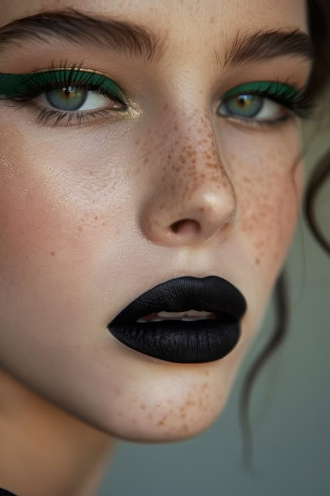 Dark Green Lipstick, Black Lipstick Look, Black Lipstick Makeup, Lipstick Ideas, Black Matte Lipstick, Green Eyeliner, Green Lipstick, Hairstyles For Women Over 60, Under Your Spell