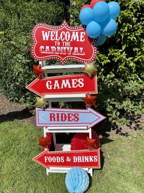 Ayden’s Carnival | CatchMyParty.com Carnival Birthday Party Ideas, Carnival Birthday Invitations, Carnival Party Decorations, Circus Birthday Party Theme, Carnival Birthday Party Theme, Carnival Birthday Party, Circus Carnival Party, Carnival Decorations, Boys First Birthday Party Ideas