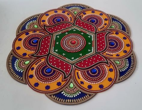 Unique Event Decor, Kundan Rangoli, Chain Art, Acrylic Rangoli, Kundan Work, Rangoli Patterns, Lippan Art, Diwali Craft, Butler Pantry