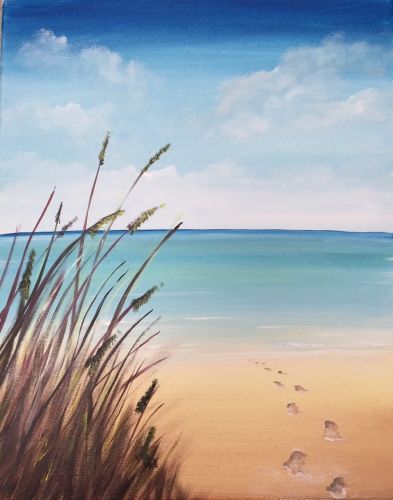 Learn to Paint Steps to the Beach tonight at Paint Nite! Our artists know exactly how to teach painters of all levels - give it a try! Easy Beach Painting For Beginners, Beach Watercolor Paintings, Easy Beach Painting, Boston Pizza, Beach Art Painting, Canvas For Beginners, Painting Beach, Paint Nite, Easy Canvas Painting