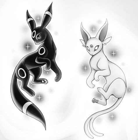 Umbreon And Espeon Art, Umbreon Tattoo Design, Umbreon And Eevee, Umbreon Espeon Tattoo, Espeon Tattoo Design, Umbreon Tattoo Ideas, Umbreon And Espeon Tattoo, Eevee Pokemon Tattoo, Umbreon Drawing