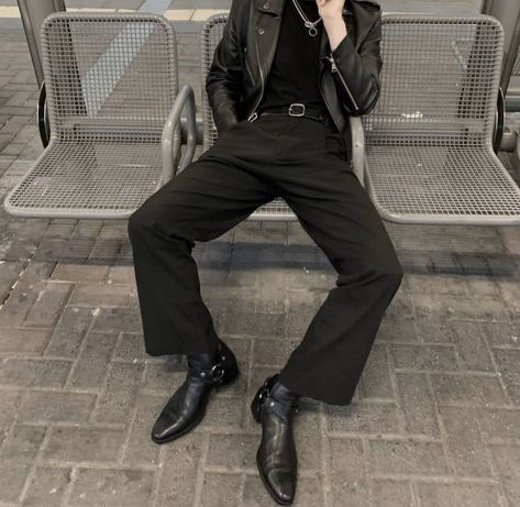 Male Aesthetic Outfit Dark, Men Dark Aesthetic Outfits, Mens Dark Academia Fashion Casual, Biker Boots Outfit Men, Dark Masculine Outfits, Dark Academia Clothes Male, Dark Academia Male Outfit, Male Dark Academia Fashion, Corporate Goth Men