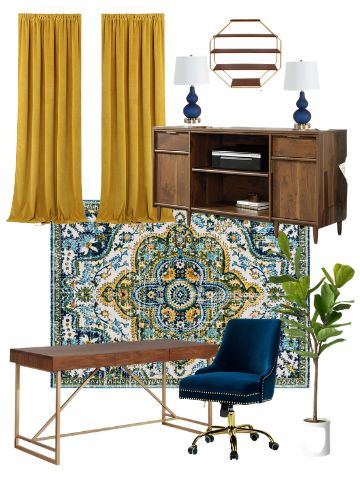 Indigo Office Decor, Blue And Yellow Office Ideas, Blue And Yellow Office Decor, Bold Home Office Design, Home Office Inspiration Bohemian, Blue Yellow Office, Office Interior Design Colorful, 2023 Home Office Trends, Yellow Office Design