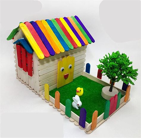 DIY Wooden 3D Cottage Ice Cream Bar Hut Set Kindergarten Handmade Material Suit Popsicle Stick Model Small House Creative Birthday Gift Thanksgiving Day : Amazon.ca: Toys & Games House With Popsicle Sticks, Popsicle Stick House, Stick House, Popsicle Stick Crafts House, Ice Cream Stick Craft, Popsicle Stick Houses, Diy Popsicle Stick Crafts, Diy Popsicle, Popsicle Crafts