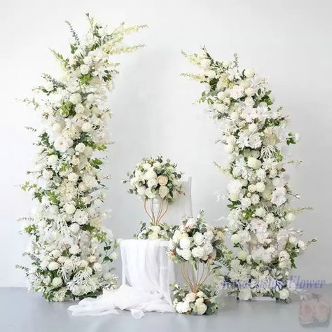 All White Floral Wedding Arch, Alter Flower Arrangements Wedding, Floral Pillars Wedding, Wedding Flower Arches, Wedding Altar Flowers, Flowers Arrangements Wedding, Wedding Alter Flowers, Archway Flowers, All White Wedding Flowers