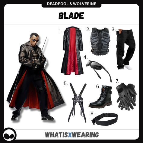 Dress like Blade from Deadpool & Wolverine with this cool and unique costume idea for men. Click for our full outfit breakdown, just in time for Halloween! Blade Costume, Wolverine Costume, Deadpool Costume, Costume Guide, Leather Motorcycle Gloves, Cargo Vest, Anti Hero, Diy Costume, Unique Costumes