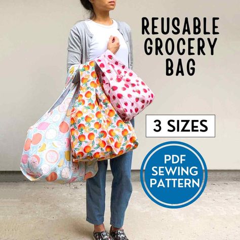 How to Make a Reusable Grocery Bag (Free Pattern) - MindyMakes Sew A Shopping Bag, Grocery Bag Storage Pattern, Making Grocery Bags, Free Grocery Bag Patterns To Sew, Shopping Bag Free Pattern, Sewing Shopping Bags Free Pattern, Sew Reusable Grocery Bags, Fabric Shopping Bags Free Pattern, Farmers Market Bag Pattern