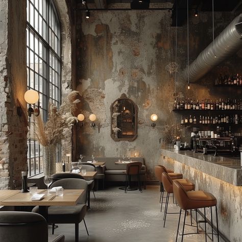 Image Loft Restaurant Design, Rustic Industrial Restaurant, Winery Interior Design, Industrial Restaurant Interior, Industrial Wine Bar, Bistro Interior Design, Dark Restaurant, Industrial Coffee Shop, Car Showroom Interior