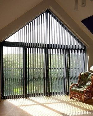 Sloping Vertical Blinds Curtains For Apex Windows, Blinds For Apex Windows, Blinds For Triangle Windows, Gable Window Blinds, Triangle Window Blinds, Apex Window Blinds, Triangle Window Coverings, Triangle Window Curtains, Vertical Blinds For Windows