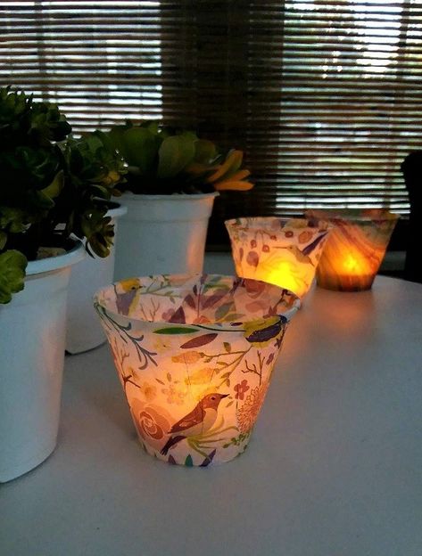 DIY Tissue Paper Lanterns | plastic cups wrapped with tissue paper used with flameless tea lights | stowandtellu.com Tea Light Crafts For Kids, Crafts For Seniors To Make, Easy Tissue Paper Crafts, Flame Craft, Diy Luminaries, Luminaries Diy, Paper Lights, Tissue Paper Lanterns, Lantern Crafts