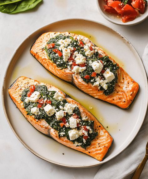 Stuffed Salmon With Spinach u0026amp; Feta Recipe Salmon With Spinach, Feta Recipe, Stuffed Salmon, Flavorful Dinner, Spinach Feta, Feta Recipes, Dinner Prep, Spinach And Feta, Kitchen Stories