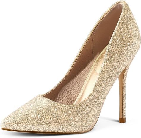 Amazon.com | mysoft Women's High Heels Pumps Closed Pointed Toe Stiletto 4IN Heels Dress Wedding Shoes Gold Glitter | Pumps Wedding Shoes Gold, Gold Wedding Shoes, Heels Dress, Glitter Pumps, Gold Heels, Pointed Toe Heels, Heels Pumps, Ankle Straps, Dress And Heels