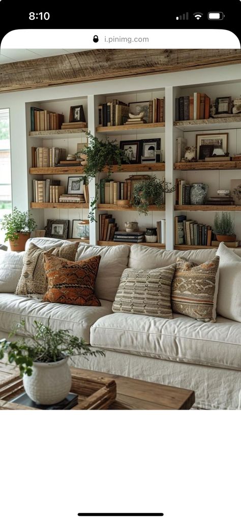 Mission Style Living Room Ideas, Bookcase Around Couch, Book Shelves Beside Fireplace, Behind Couch Built In, Open Shelving Behind Couch, Bookcase Wall Behind Sofa, Built In Bookshelves Living Room With Tv, Living Room Shelving Ideas Behind Couch, Golden Boys And Me House