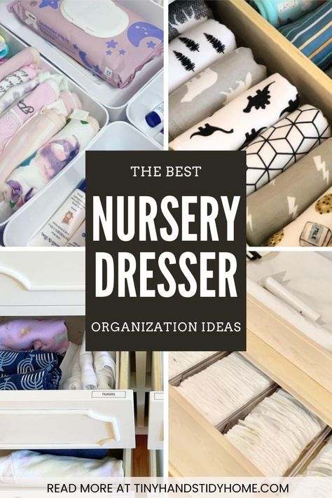 A collage of nursery dresser drawer organization. The text reads "The Best Nursery Dresser Organization Ideas" Dresser Organization Ideas, Baby Drawer Organization, Drawer Organization Ideas, Nursery Organization Ideas, Nursery Drawer Organization, Baby Dresser Organization, Nursery Organization Diy, Organization Nursery, Peanuts Nursery