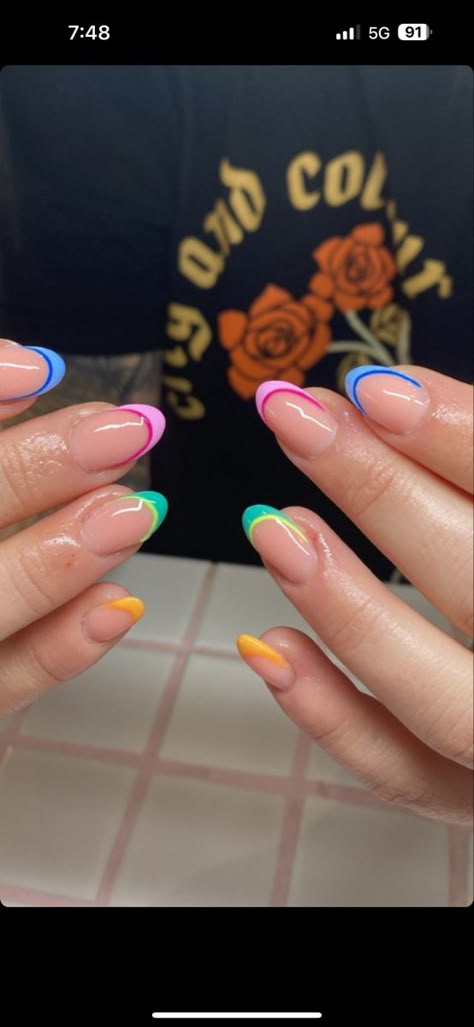 Colored French Tips Short, Multi Colour Tips Nails, Multi Colour French Tip Nails, Multi Coloured Tips Nails, Multi Coloured French Tips, Colour French Tip, Summer Nails Biab, Biab Nails Summer, Coloured French Tip Nails