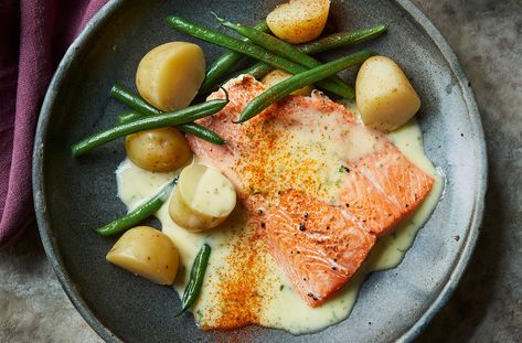 Salmon With Norwegian Sandefjordsmør Sauce Recipe | Waitrose & Partners Salmon Recipes, Main Course, Sauce Recipes, Grilling, Sauce, Cooking Recipes, Ethnic Recipes