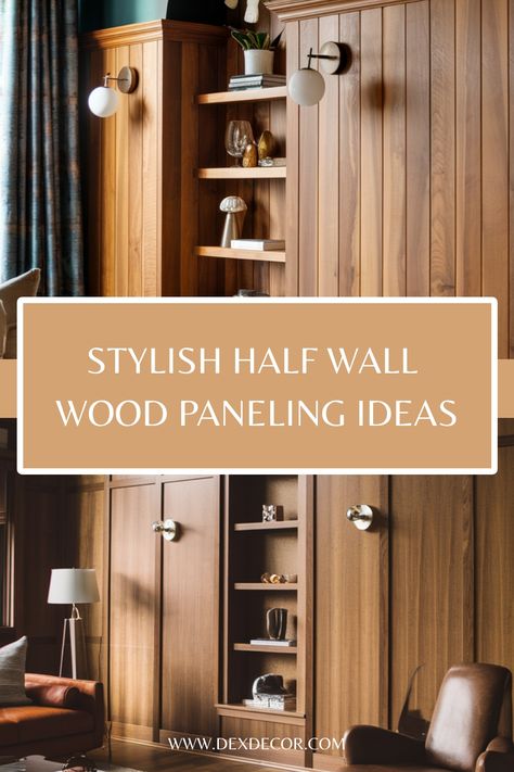 Stylish half wall wood paneling with built-in shelves and modern lighting. Half Wall Wood Paneling Ideas, Living Room With Half Wall, Updating Wood Paneling Walls, Half Wall Wood Paneling, Room Half Wall, Wall Wood Paneling Ideas, Paneling Walls Makeover, Wall Wood Paneling, Half Panelled Walls