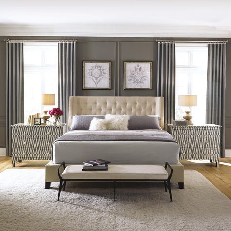 Shop Bedroom Collections Bernhardt Bed, Composition Inspiration, Winged Bed, Luxury Beds, Night Tables, Bed Color, Queen Upholstered Bed, Transitional Bedroom, Gray Wall