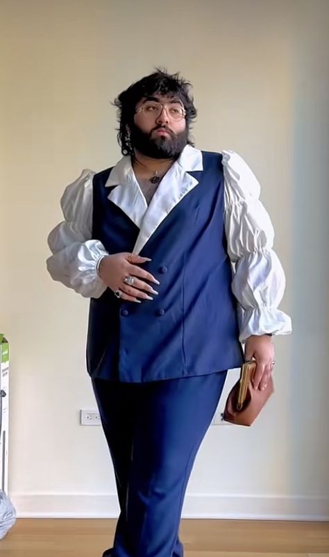 @poshheat on tiktok Redefining Masculinity Fashion, Glamorous Men Outfit, Plus Size Men Art Reference, Nb Wedding Outfit, Queer Style Plus Size, Plus Size Men's Fashion, Gender Fluid Fashion Plus Size, Plus Size Outfit Aesthetic, Plus Sized Poses