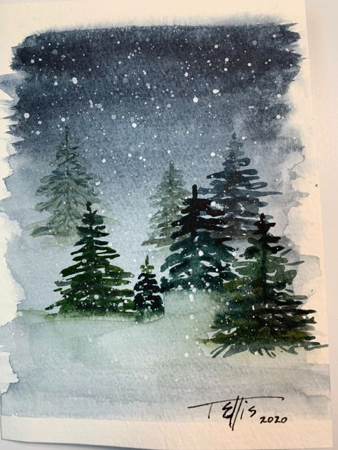 Nature Christmas Cards, Pine Tree Painting, Painted Christmas Cards, Watercolor Calendar, Diy Christmas Paintings, Learn Watercolor Painting, Winter Landscape Painting, Watercolor Christmas Tree, Watercolor Flowers Tutorial