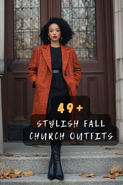 Looking for chic church attire this fall? 🍁 Discover 49 outfit ideas that combine chic design with seasonal trends, ensuring you look fashionable for every service. Click to explore these chic looks. #ChicChurchOutfits #FallFashion #StylishEnsembles #FashionInspo #SeasonalTrends #ChicWardrobe #SundayBest Black Woman Church Outfit Ideas, Chic Church Outfits Classy, Winter Dresses For Church, New Years Eve Church Outfit Ideas, Winter Church Dress, Casual Fall Church Outfits, Fall Church Dresses, Sunday Church Outfits Winter, Church Outfit Black Women Casual