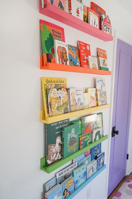 Building Rainbow Book Ledges for the Nursery - Dads by Design Book Ledge, Bright Nursery, Baby Room Colors, Colorful Kids Room, Baby Room Themes, Nursery Room Design, Rainbow Room, Baby Room Inspiration, Home Nails