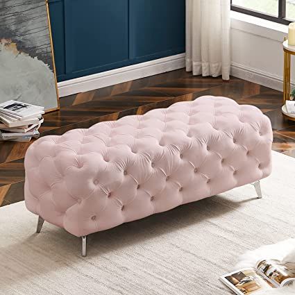 Pink Storage Ottoman, Ottoman Bench Bedroom, Bench For End Of Bed, Bench For Entryway, Button Sofa, Green Ottoman, Upholstered Bench Bedroom, Pink Storage, Dining Room White