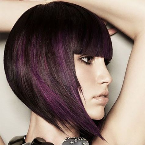 20 Edgy A-Line Haircuts To Try in 2021 - The Trend Spotter Inverted Bob Haircuts, Haircut Styles For Women, Hair Colorful, Bob Haircut With Bangs, Hair Styles Color, Hair Color Purple, Fun Hair, Awesome Hair, All Things Purple