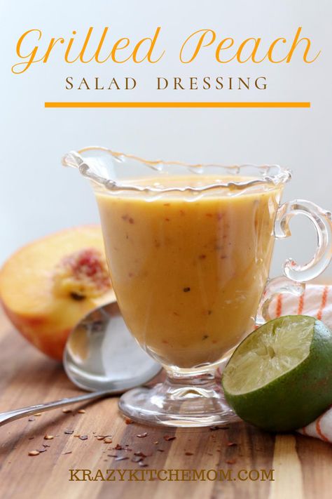 Grilled Peach Salad Dressing is sweet and tangy. It's made with orange juice, lime juice, honey, and of course grilled peaches. Peach Salad Dressing, Crescent Roll Veggie Pizza, Cheese Sauces, Spinach Salad With Chicken, Grilled Peach Salad, Salad Dressing Recipes Homemade, Peach Salad, Veggie Pizza, Grilled Peaches