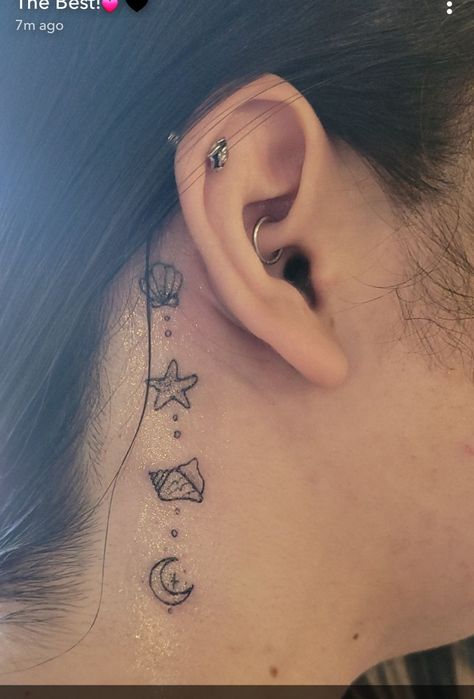 Behind The Ear Tattoo Ideas Ocean, Behind Ear Beach Tattoo, Ocean Stars Tattoo, Ocean Ear Tattoo, Shark Tattoo Behind Ear, Shark Behind Ear Tattoo, Seashell Tattoo Behind Ear, Moon Shell Tattoo, Shell Tattoo Behind Ear