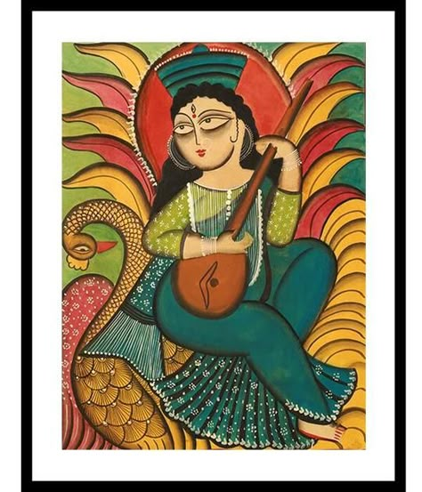 Bengal Painting, Kalighat Paintings, Kali Temple, Saraswati Painting, Jamini Roy, Phad Painting, Maa Saraswati, Durga Ma, Bengali Art