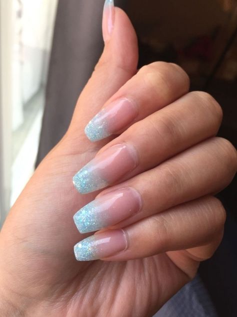 Baby Blue Sparkle Ombré Acrylic Nails #nailsacrylic #nail ideas #naildesign Light Blue Glitter Nails Acrylic, Blue Ombre Sparkle Nails, Light Blue Glitter French Tip Nails, Blue Sparkle Acrylic Nails, Baby Blue Sparkle Nails, Blue Glitter Acrylics, Baby Blue Winter Nails Acrylic, Baby Blue Glitter Nails, Light Blue Sparkle Nails