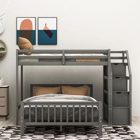 Isabelle & Max™ Corringham Twin over Full L-Shaped Bunk Bed | Wayfair L Shaped Bunk Beds, Full Loft Bed, Twin Over Full Bunk Bed, Loft Bunk Beds, Bunk Beds With Drawers, Wooden Bunk Beds, Wood Bunk Beds, Bunk Beds With Stairs, Bunk Beds With Storage