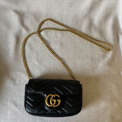 Gucci GG calfskin aria super mini marmont shoulder bag deep black Deep Black, Gucci Handbags, The Gift, Calf Skin, Dust Bag, Gucci, Shoulder Bag, Handbags, Fashion Design