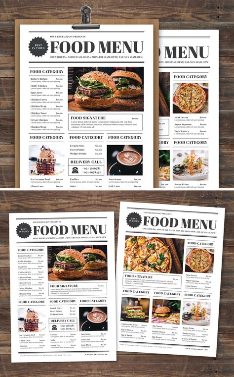 Newspaper Food Menu Template AI, PSD Newspaper Menu Design, Italian Restaurant Menu Design, Burger Menu Design, Menu Sans Gluten, Cafe Lunch, Cafe Menu Design, Menue Design, Burger Menu, Cookbook Design