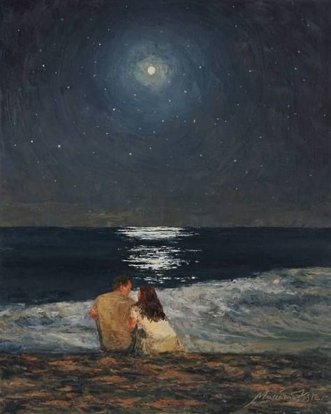 Painting Moonlight, Ocean Art, Love Couple, The Ocean, Fine Art Paper, Art Print, Art