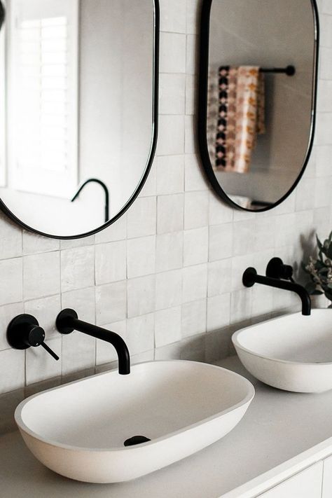 Bathroom vanity with a 'his and hers' layout featuring two above counter basins and oval mirrors. Both basins have matte black wall-mounted tapware by Meir Australia. His And Hers Vanity, Black Bathroom Taps, Black Tapware, Matte Black Bathroom Accessories, Matte Black Bathroom, Black Bathroom Accessories, Black Taps, Colour Collection, Bathroom Tapware